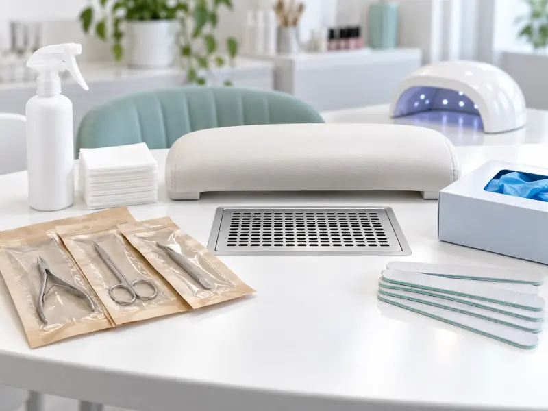 Hygienischer Arbeitsplatz im Nagelstudio mit Sterilisationsbeuteln und Einmalhandschuhen