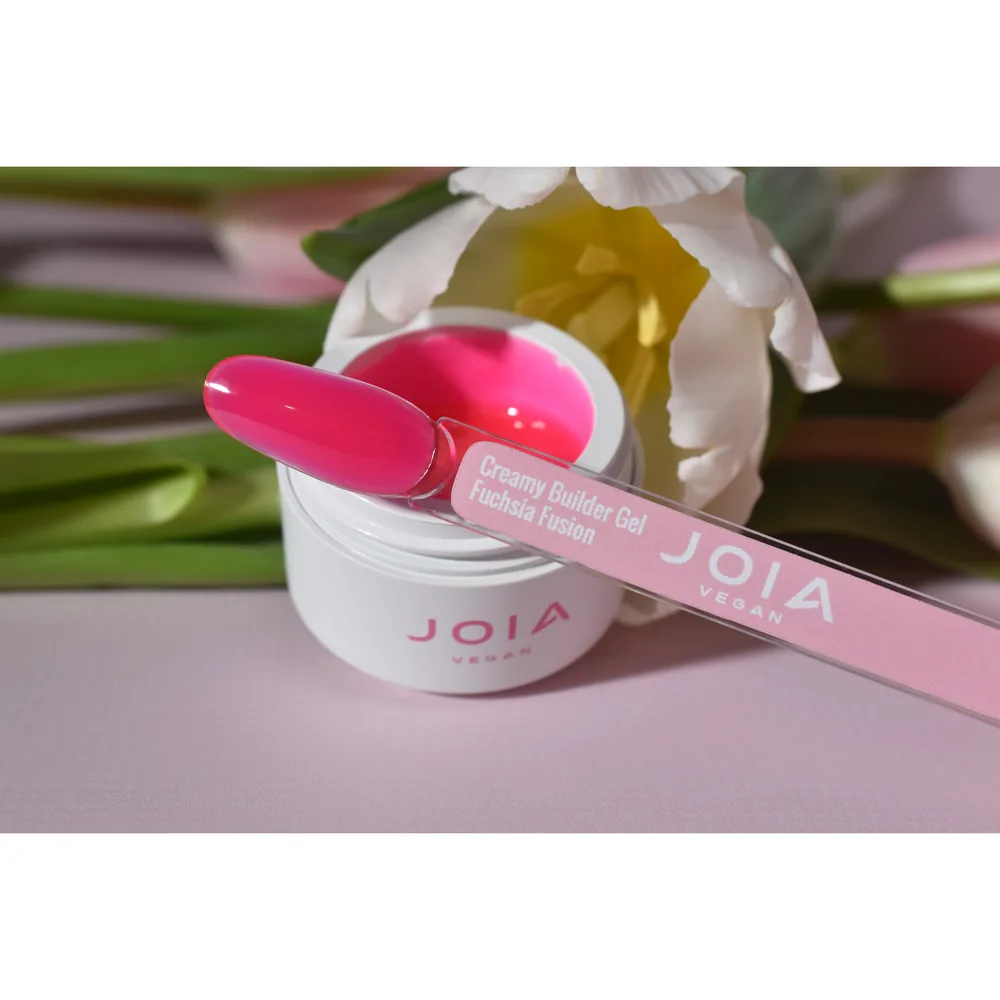 JOIA vegan Creamy Builder Gel Fuchsia Fusion Tiegel mit pinkem Gel und Farbkarte